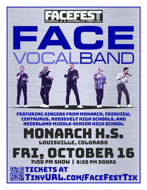 Advertisement for Face Vocal Band featuring four singers in black attire. Event location and date. QR code and website for tickets.