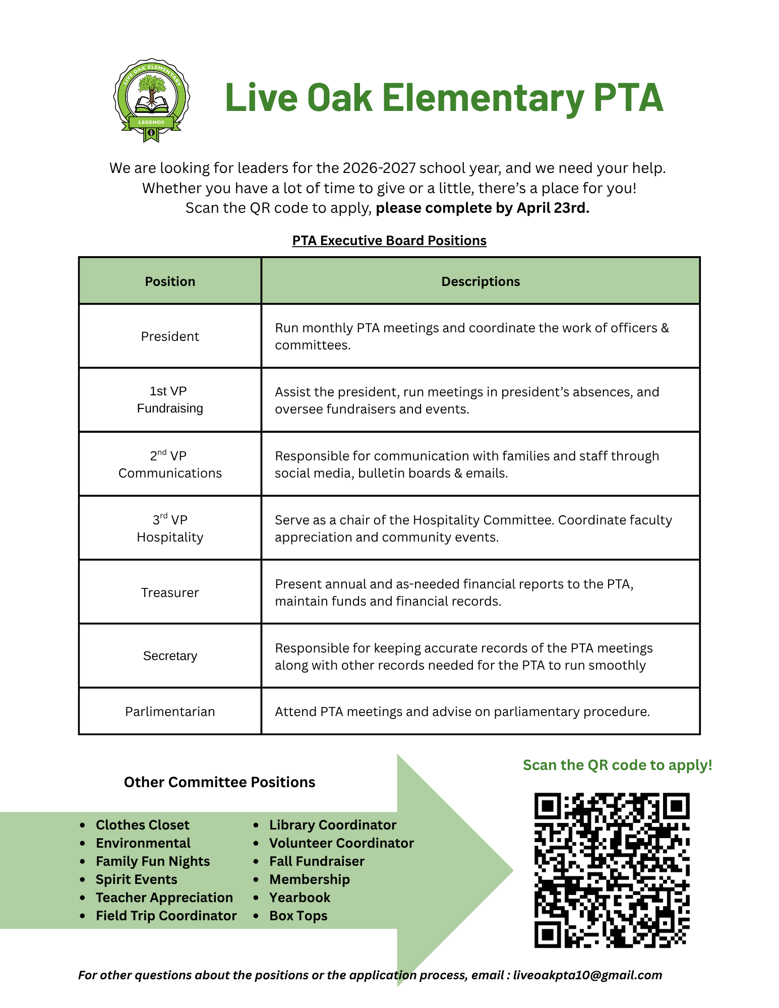 informational flyer: PTA Officer Application, link to apply is below