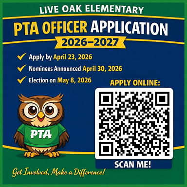PTA Officer Application: Apply by 4/23, Nominees Announced 4/30, Election 5/8.  Link to apply is below.