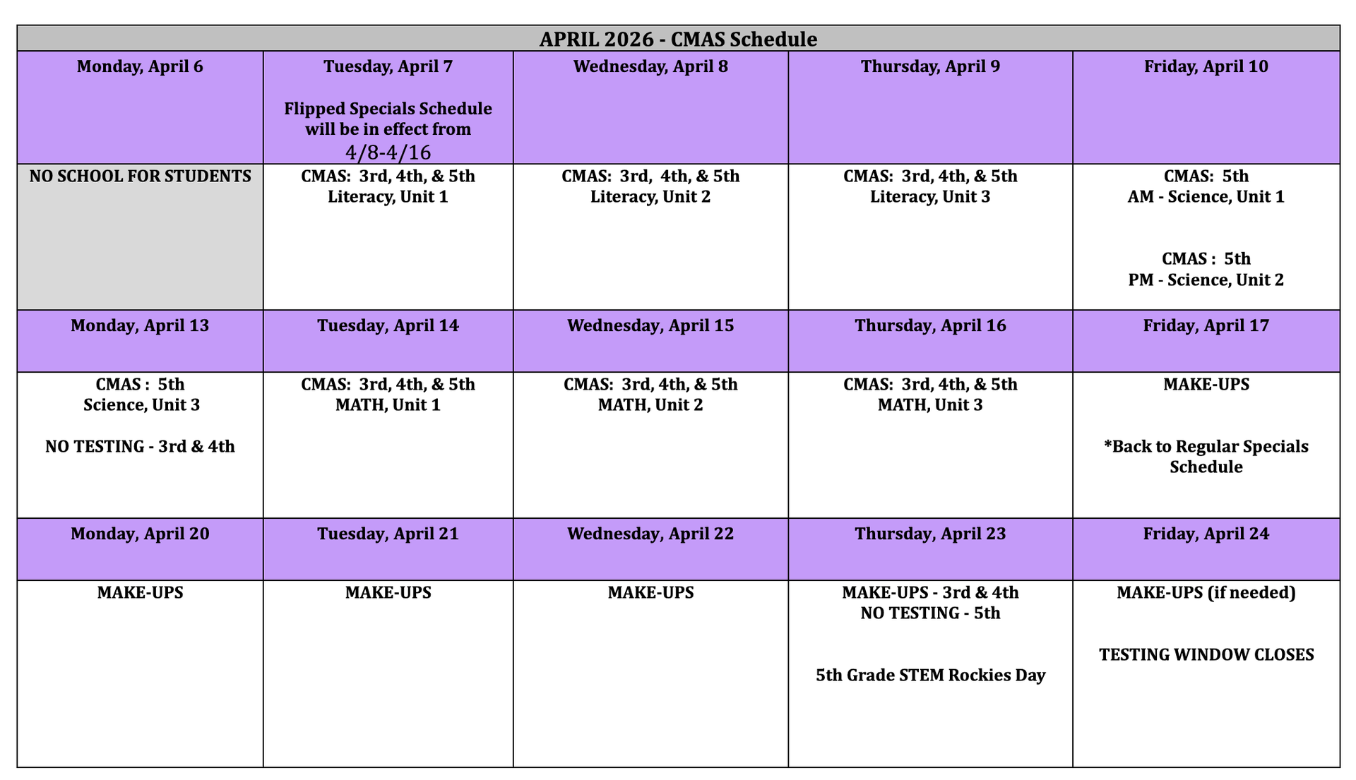 calendar for CMAS testing
