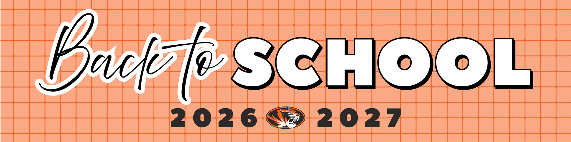 Light orange and dark orange striped grid background, lettering that says 