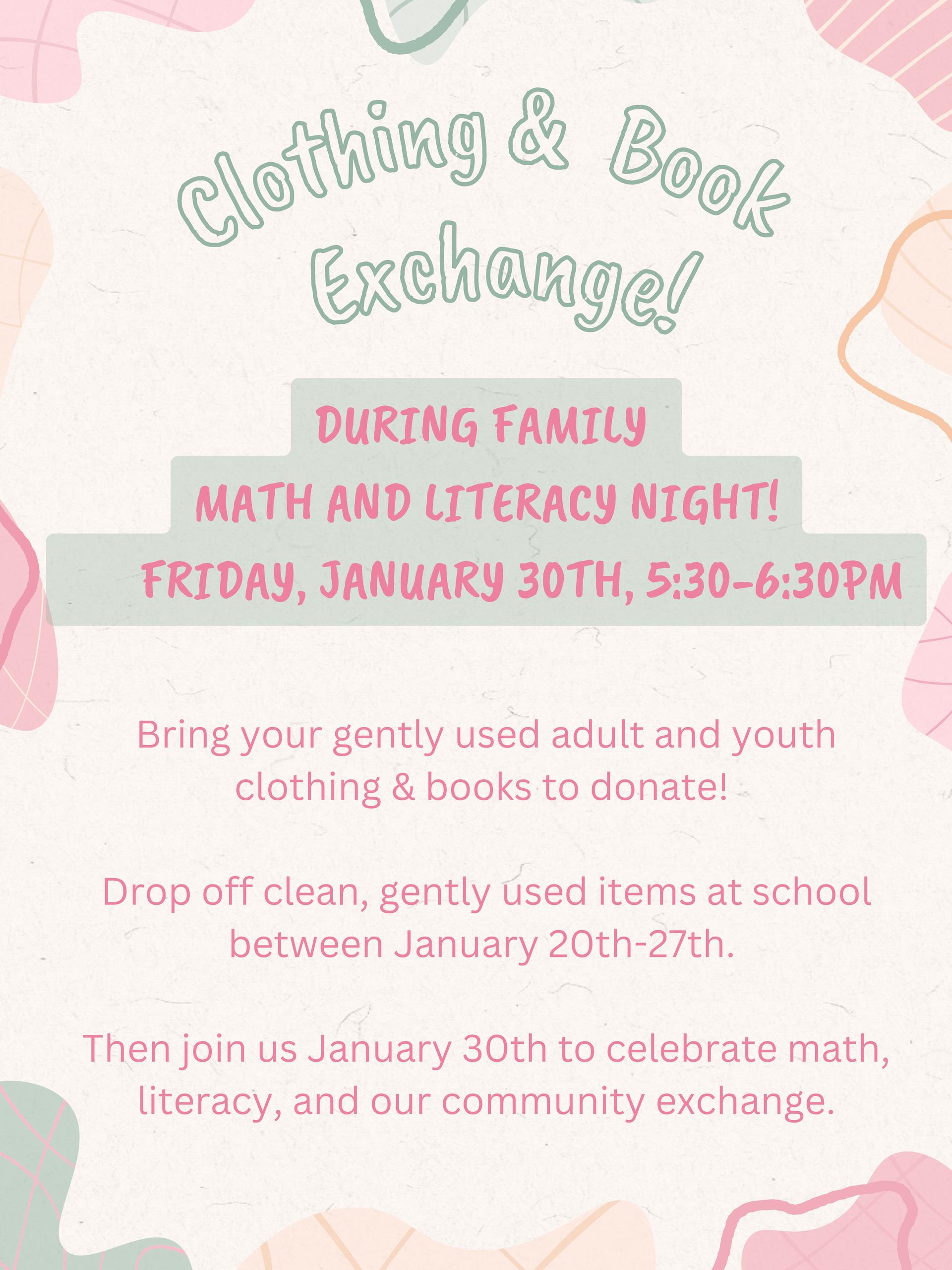 Annual Clothing and Book Exchange night flyer