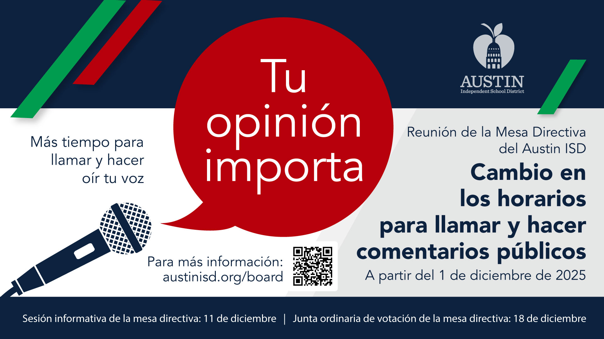 image with text Más tiempo para llamar y hacer oír tu voz. Tu opinión importa. Reunión de la Mesa Directiva del Austin ISD Cambio en los horarios para llamar y hacer comentarios públicos. A partir del 1 de diciembre de 2025.