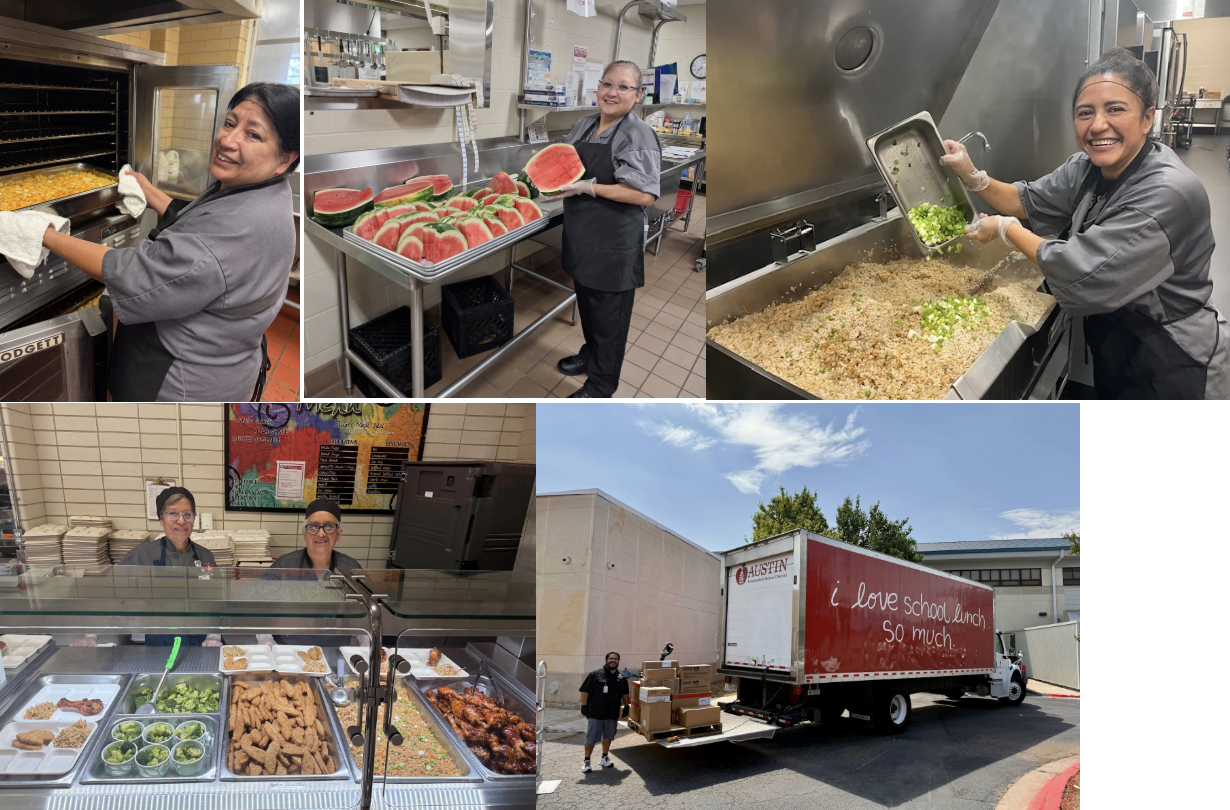 Collage of four photos from an indoor gathering in a rustic event space—one wide shot of a speaker addressing attendees at round tables, and three group photos of smiling attendees seated around navy tablecloth tables near large windows.