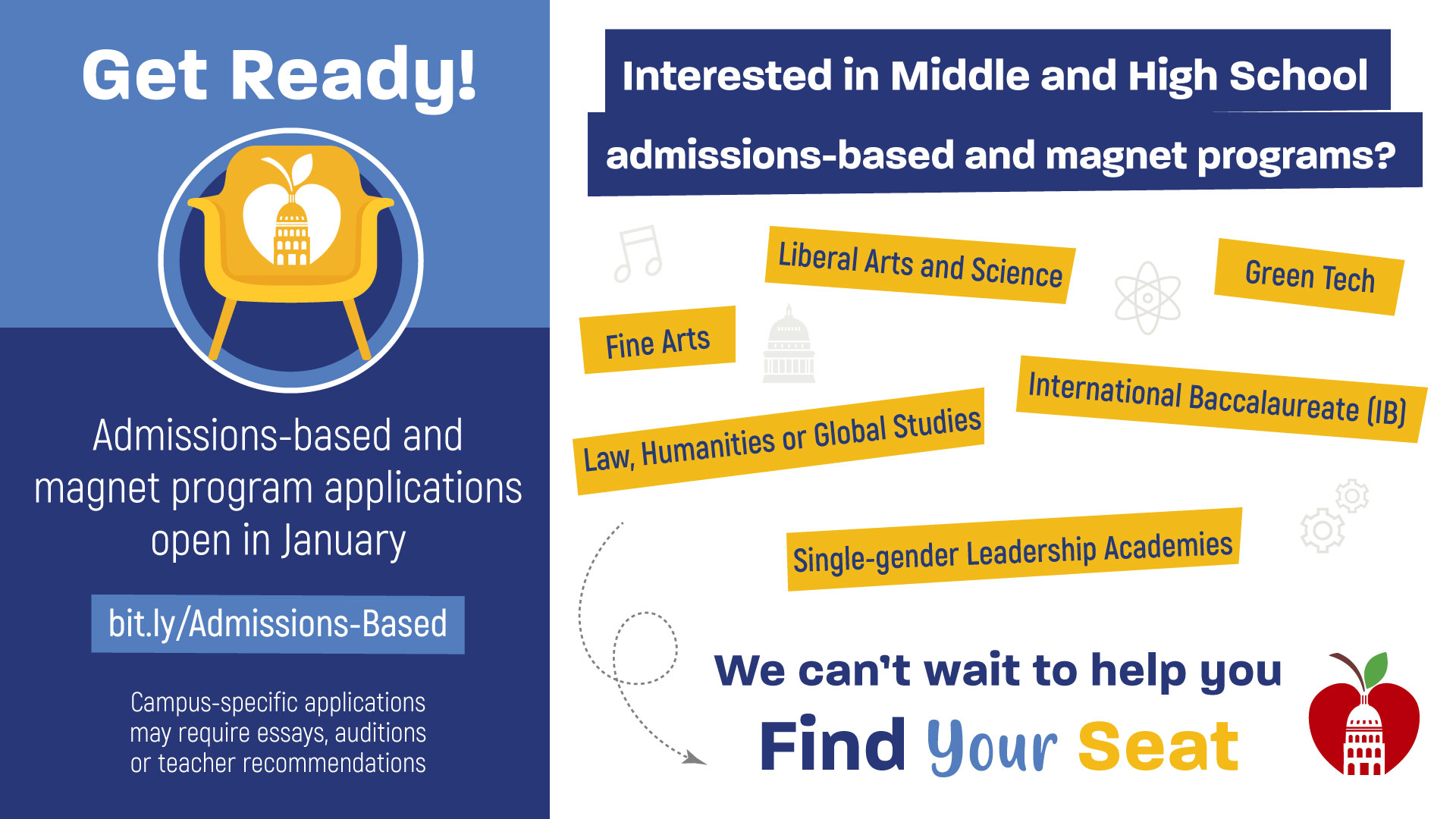 image with text Get Ready! Admissions-based and magnet program applications open in January visit bit.lyAdmissions-Based