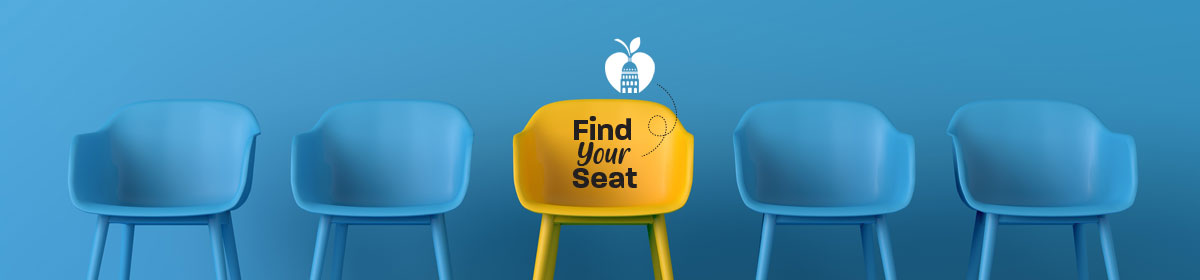 photo with chairs and text Find Your Seat