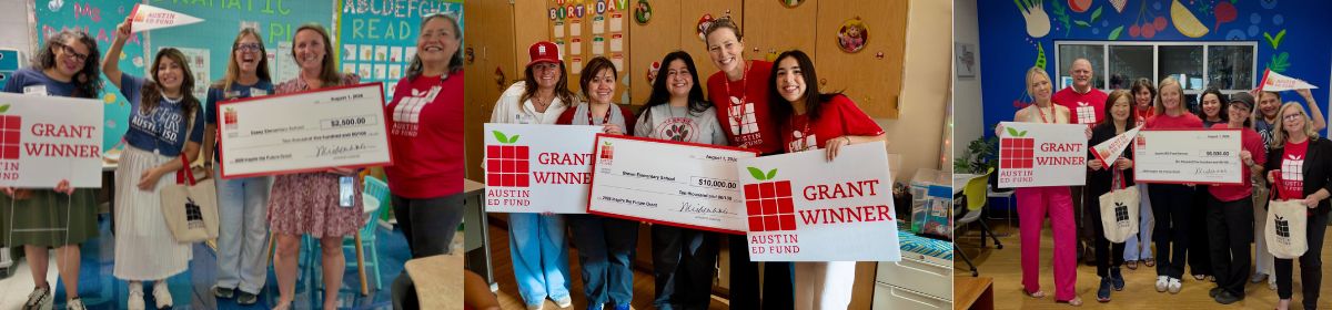 An image with three photos of grant winners with giant checks. 