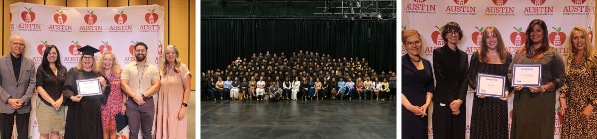 Three photo of 2026 English For Me graduates posing.