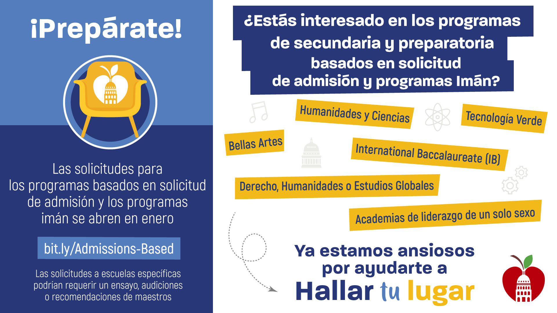 image with text Las solicitudes para los programas basados en solicitud de admisión y los programas imán se abren en enero. 
