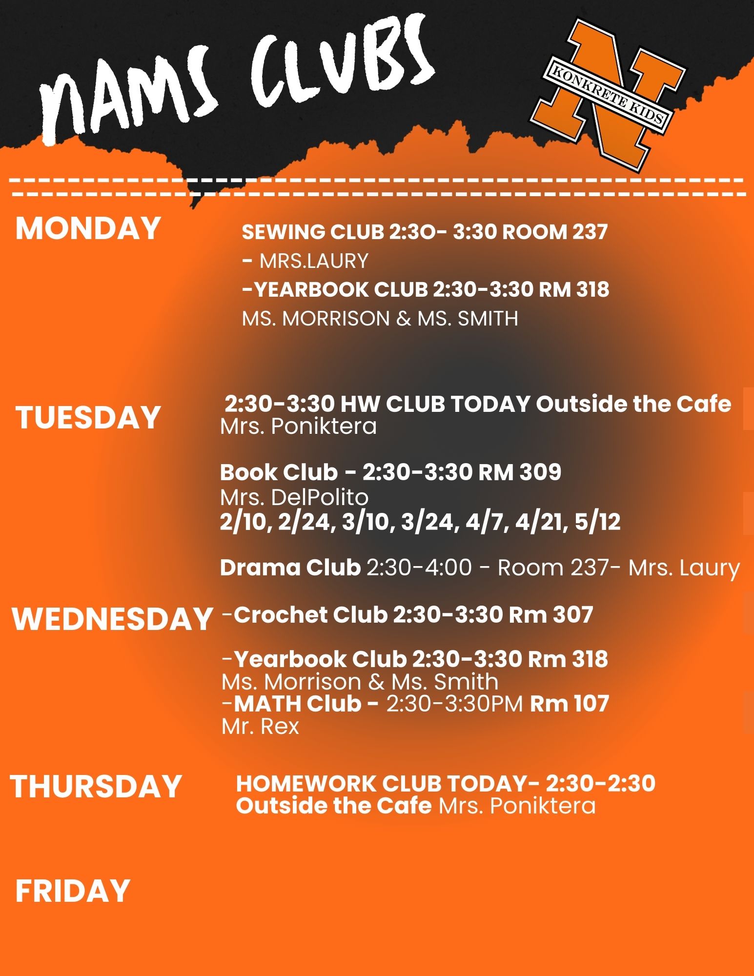 NAMS Clubs weekly listing of events. 