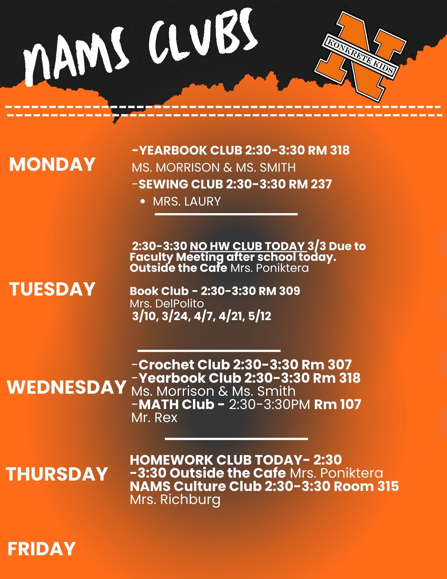 NAMS Clubs weekly listing of events. 