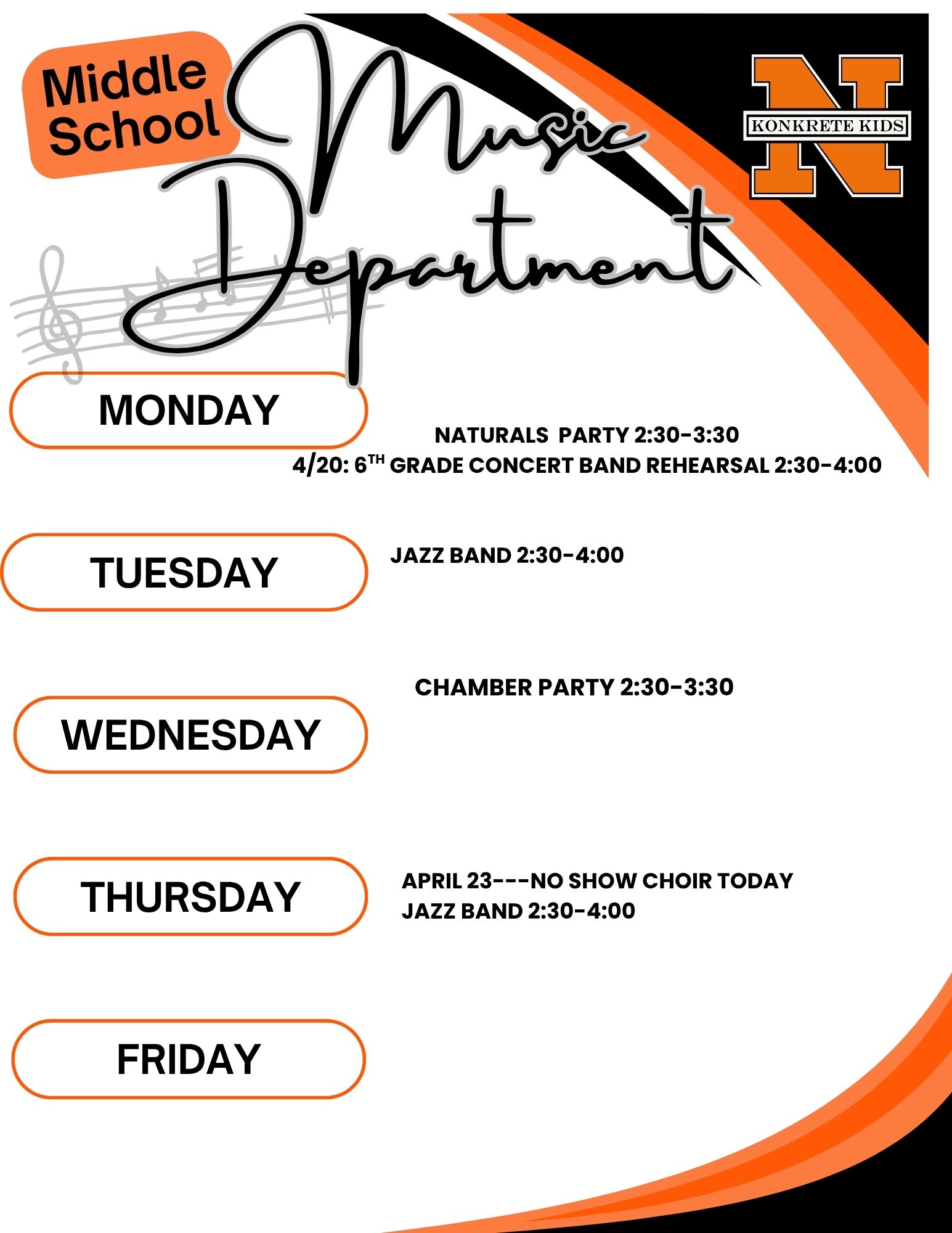 The Northampton Middle School Music Department has a busy schedule planned for the week of April 20th. The week kicks off on Monday with two concurrent events: a Naturals Party from 2:30 to 3:30 PM and a 6th Grade Concert Band rehearsal that extends until 4:00 PM. On Tuesday, the Jazz Band meets for a rehearsal from 2:30 to 4:00 PM. Midweek activities continue on Wednesday with a Chamber Party held between 2:30 and 3:30 PM.  On Thursday, April 23rd, students should note that there is no Show Choir; however, the Jazz Band will meet again for their regular session from 2:30 to 4:00 PM. There are currently no music department events listed for Friday.