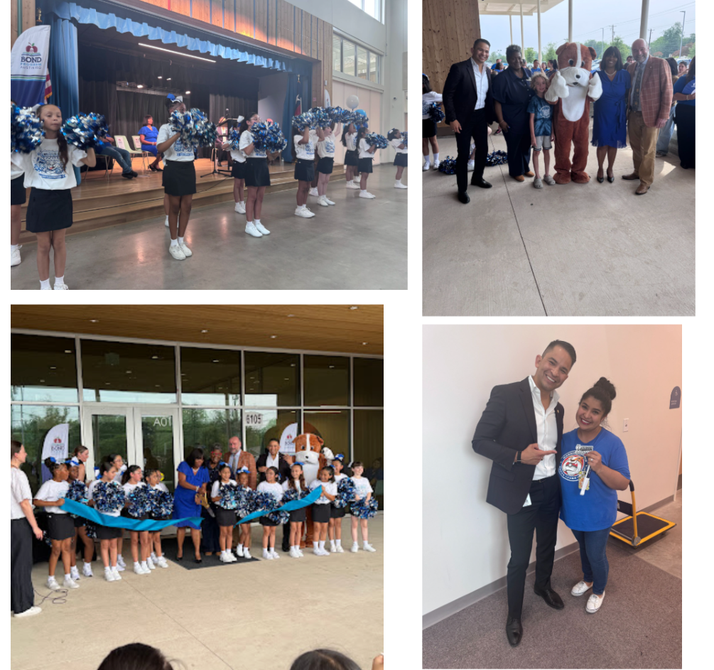 Collage of photos from an Austin ISD ribbon-cutting celebration, including student cheerleaders performing, district leaders and community members posing with a dog mascot, students holding a ribbon outside the building, and a staff member posing with Superintendent Matias Segura.