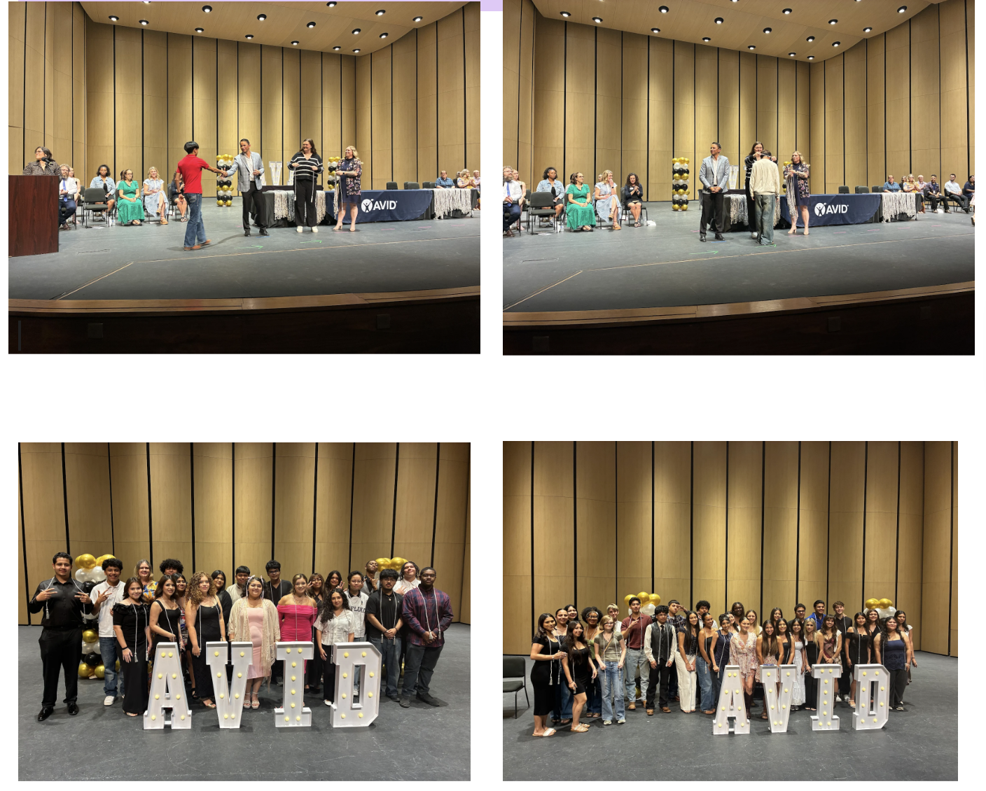 Four-photo collage from an AVID event at the Austin ISD Performing Arts Center. Two photos show students being recognized on stage during a ceremony, with presenters, seated guests and an AVID table in the background. The other two photos show groups of students posing on stage behind large light-up letters spelling AVID.