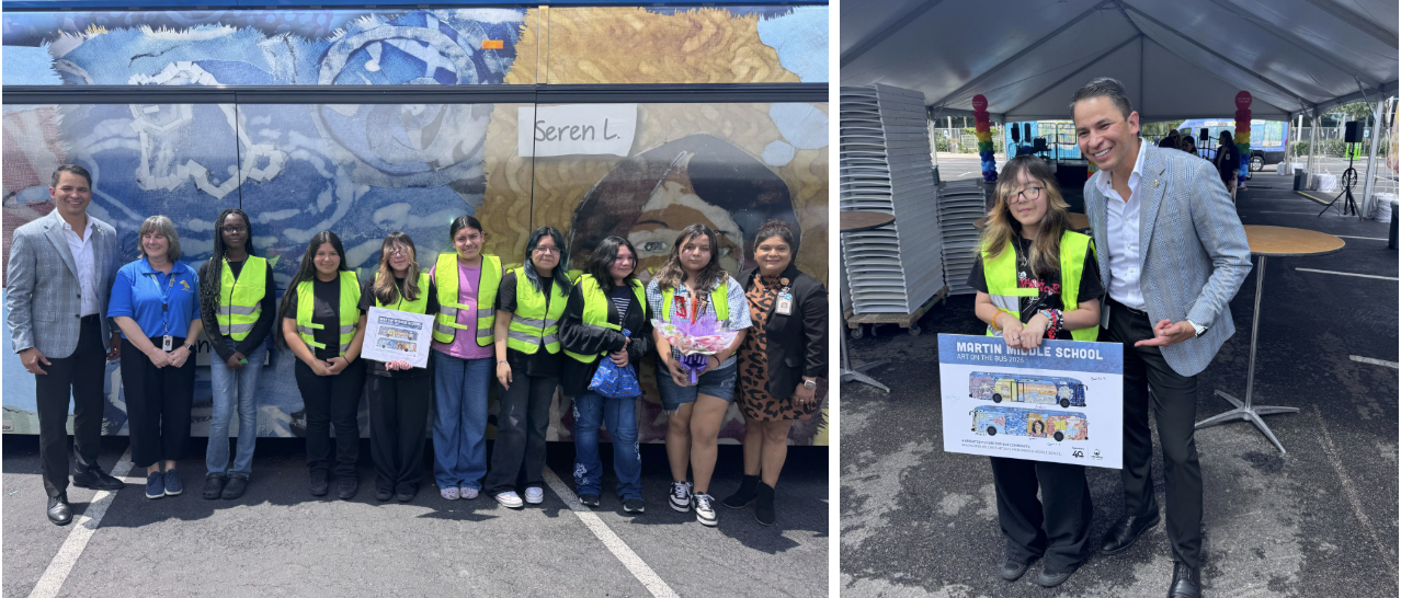 Two photos from a school event. In the first, a group of students wearing bright safety vests stand with staff members in front of a large, colorful bus mural, posing for a group photo. In the second, a student wearing a safety vest holds a poster of a decorated school bus while standing next to a smiling man under a tented area with tables and chairs.