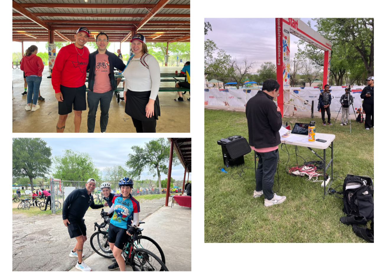 Collage of three photos from a community bike ride event. Left top: three adults stand smiling under a covered pavilion, two wearing event caps. Left bottom: two cyclists in helmets pose with a man beside their bikes near the pavilion. Right: a person stands at a table with a laptop and microphone setup near the starting arch, while participants and media equipment are visible in the background on the grass.