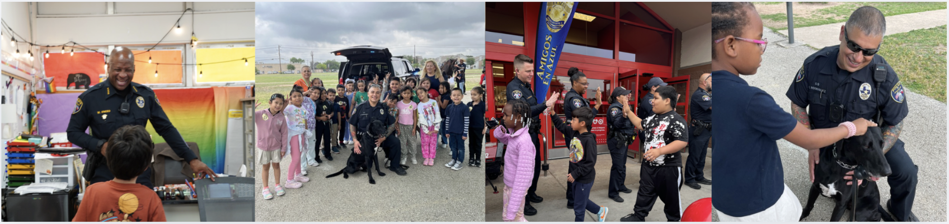 Four-photo banner showing Austin ISD school resource officers interacting with students: an officer smiling in a classroom, a group photo with students outdoors (with a K-9), officers giving high-fives outside a school entrance, and a student petting a police dog beside an officer.