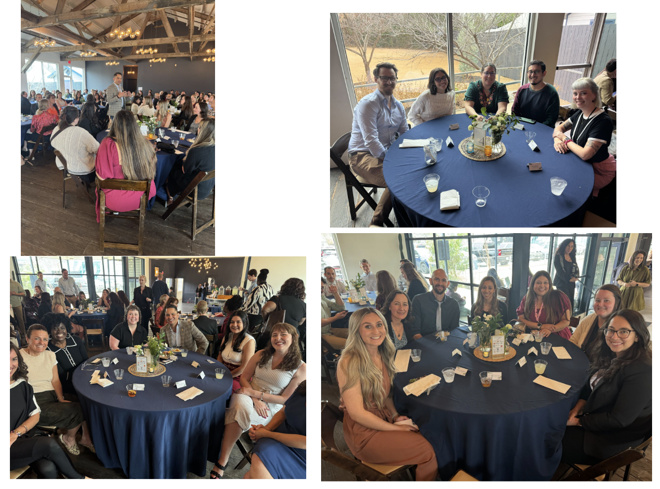 Collage of four photos from an indoor gathering in a rustic event space—one wide shot of a speaker addressing attendees at round tables, and three group photos of smiling attendees seated around navy tablecloth tables near large windows.