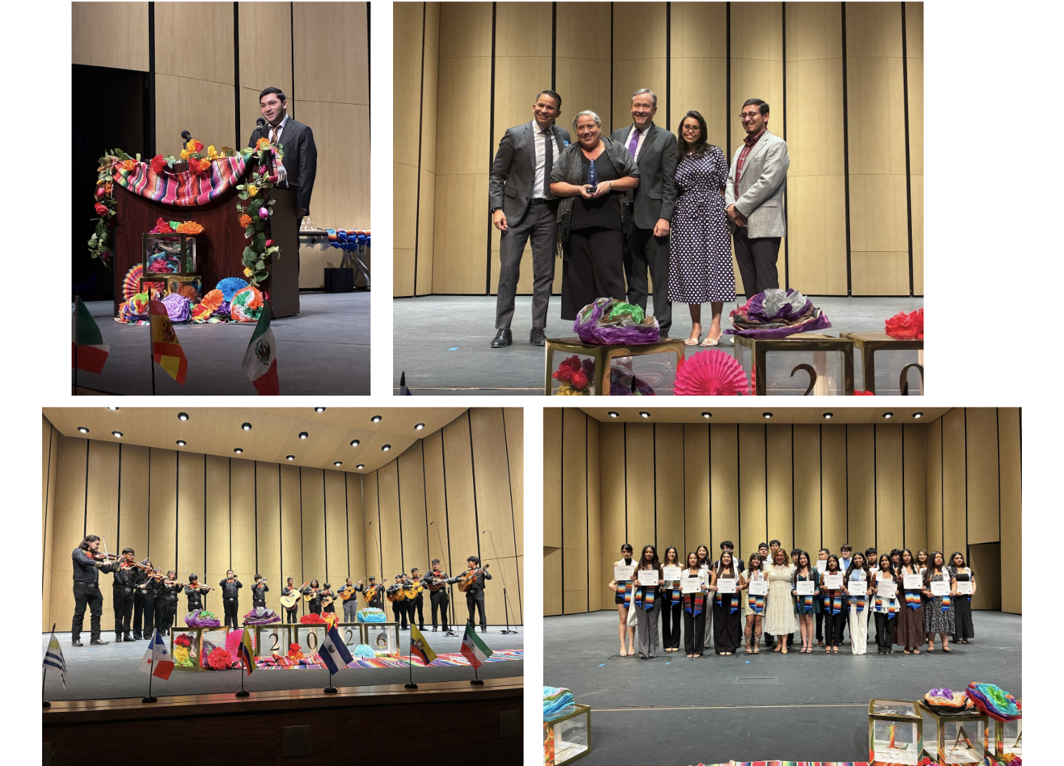 Four-photo collage from the Annual Latino Academic Achievement Awards at the Austin ISD Performing Arts Center. One photo shows a speaker at a podium decorated with colorful flowers and fabric. Another shows a group of adults on stage during an award presentation. A third shows student musicians performing on stage. The final photo shows a large group of students holding certificates and posing together after being recognized.