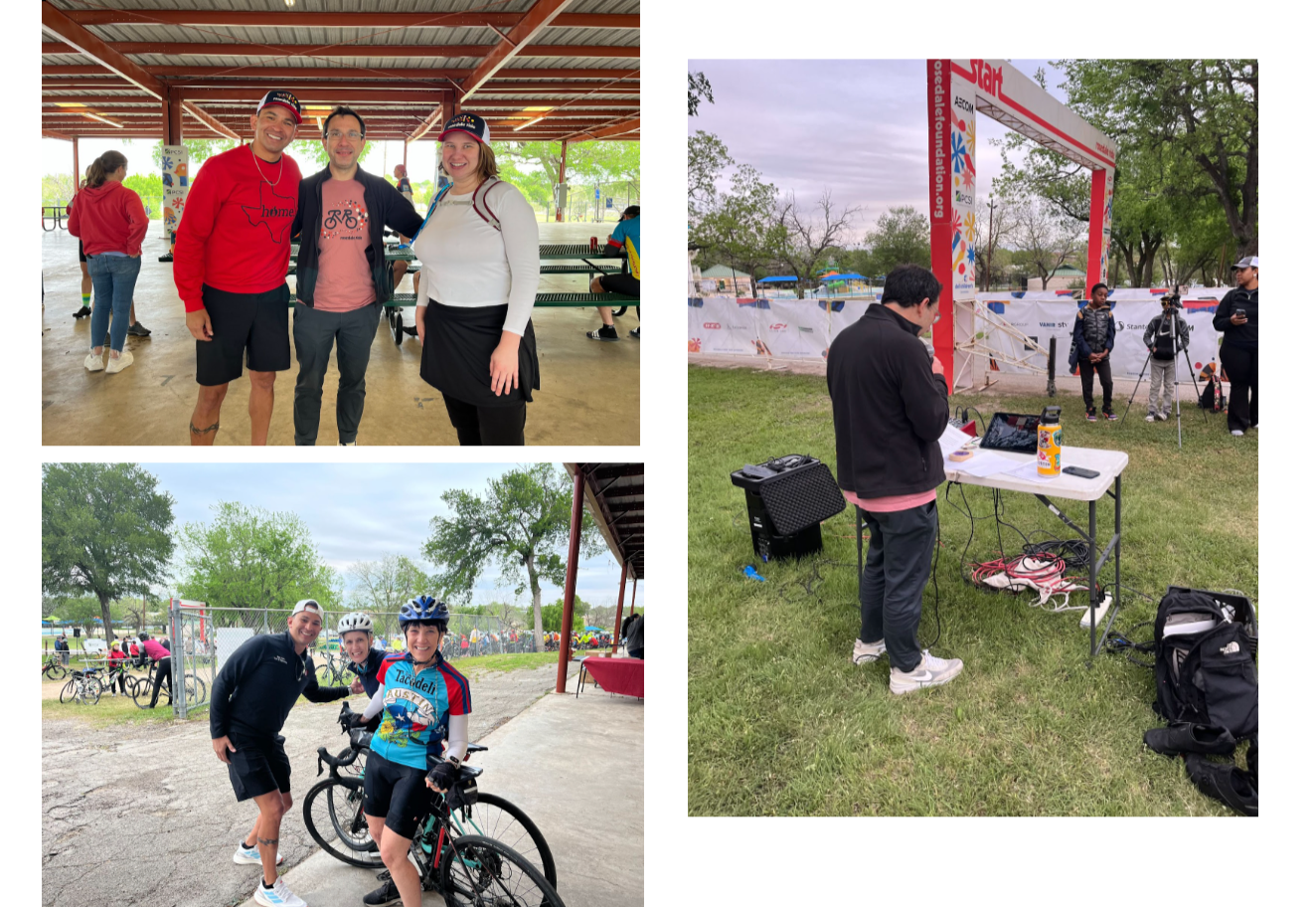 Collage of three photos from a community bike ride event. Left top: three adults stand smiling under a covered pavilion, two wearing event caps. Left bottom: two cyclists in helmets pose with a man beside their bikes near the pavilion. Right: a person stands at a table with a laptop and microphone setup near the starting arch, while participants and media equipment are visible in the background on the grass.