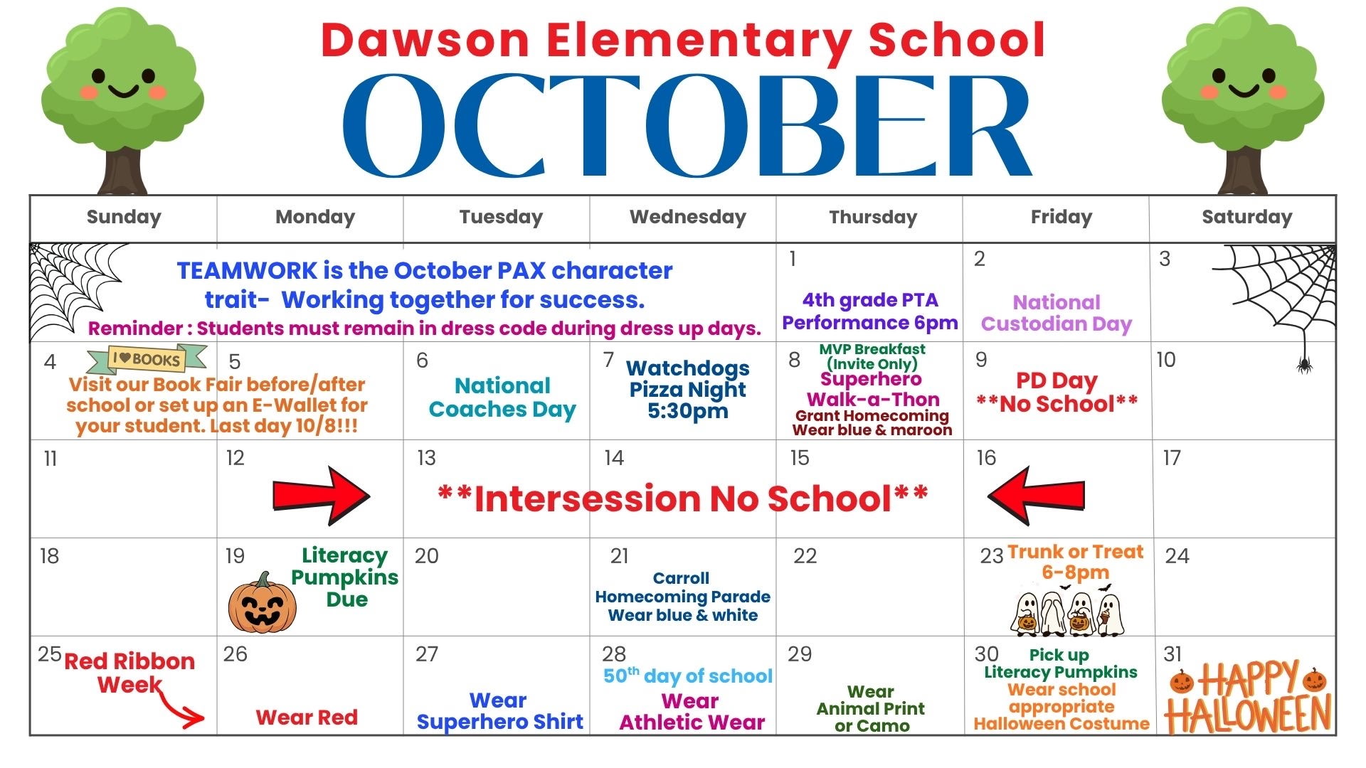 Calendar for Dawson Elementary School. Text reads 