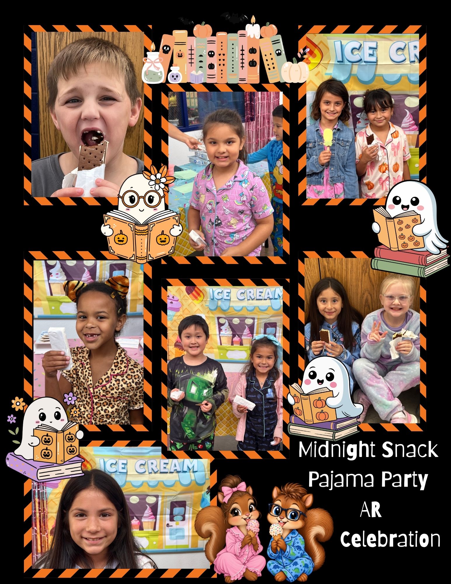 Collage of photos showing kids at a Midnight Snack Pajama Party. They are eating ice cream and wearing pajamas.