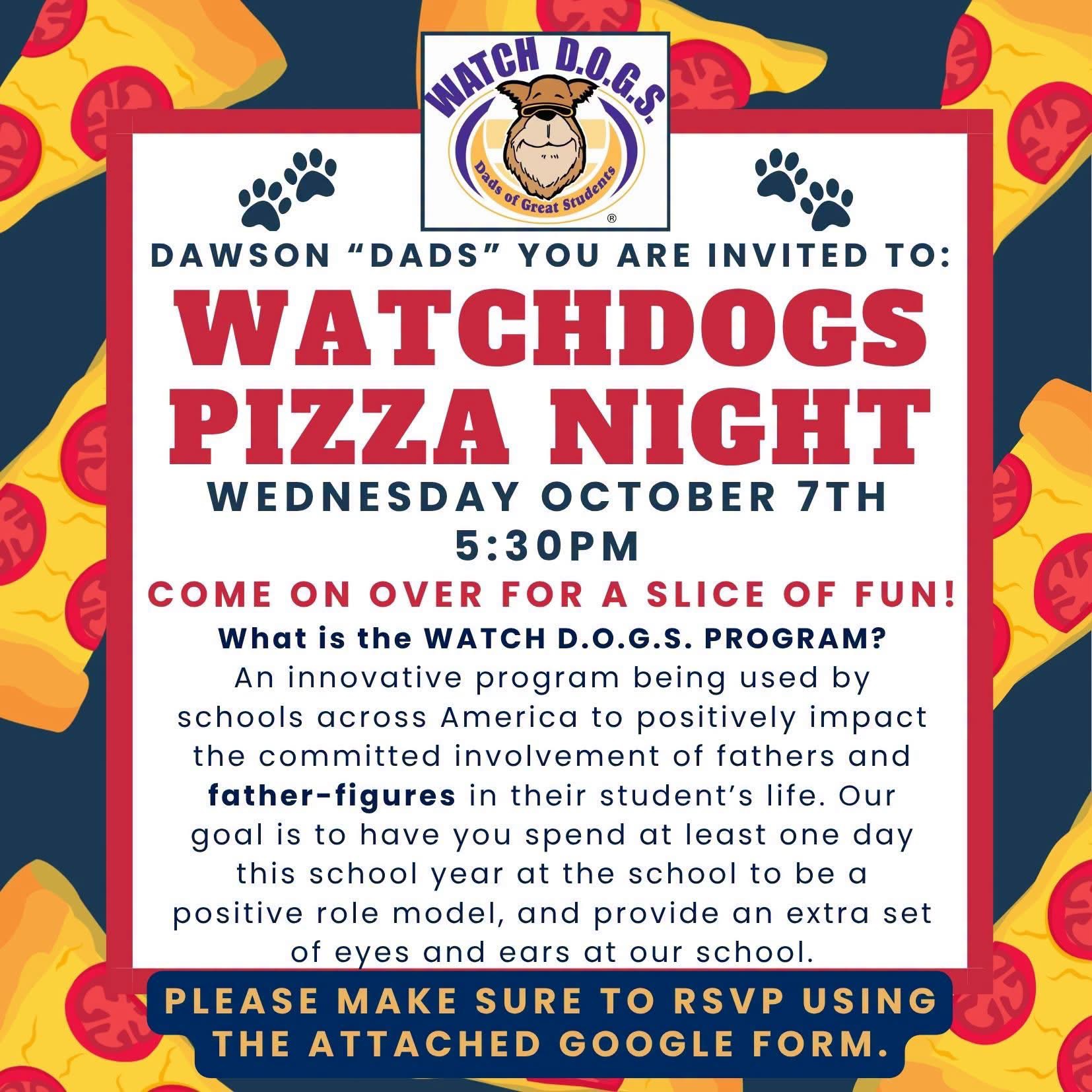 A colorful flyer for Watchdogs Pizza Night, with paw prints and a dog logo. The event is on October 7th at 5:30 PM.