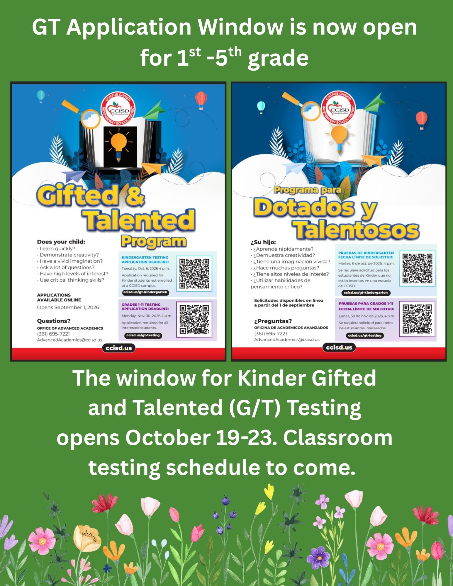 Green poster with two brochures. Brochures feature a robot, text, and QR codes. Text reads 