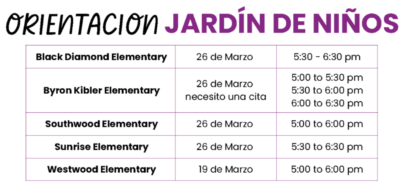 Kindergarten Orientation Dates Black Diamond Elementary  March 26  5:30 to 6:30 pm  Kibler Elementary  March 26 By appointment  5:00 to 5:30 pm 5:30 to 6:00 pm 6:00 to 6:30 pm  Southwood Elementary  March 26  5:00 to 6:00 pm  Sunrise Elementary  March 26  5:30 to 6:30 pm  Westwood Elementary  March 19  5:00 to 6:00 pm in Spanish
