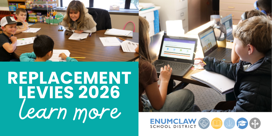 Replacement Levies 2026 learn more with photo of students at table with support staff working on writing and reading and a photo of students collaborating at a desk with district issued chromebook devices