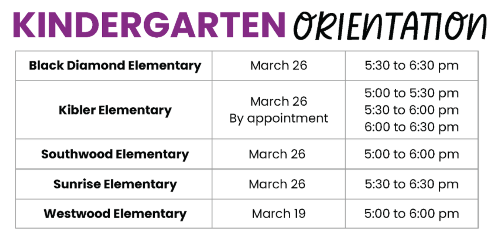 Kindergarten Orientation Dates Black Diamond Elementary  March 26  5:30 to 6:30 pm  Kibler Elementary  March 26 By appointment  5:00 to 5:30 pm 5:30 to 6:00 pm 6:00 to 6:30 pm  Southwood Elementary  March 26  5:00 to 6:00 pm  Sunrise Elementary  March 26  5:30 to 6:30 pm  Westwood Elementary  March 19  5:00 to 6:00 pm