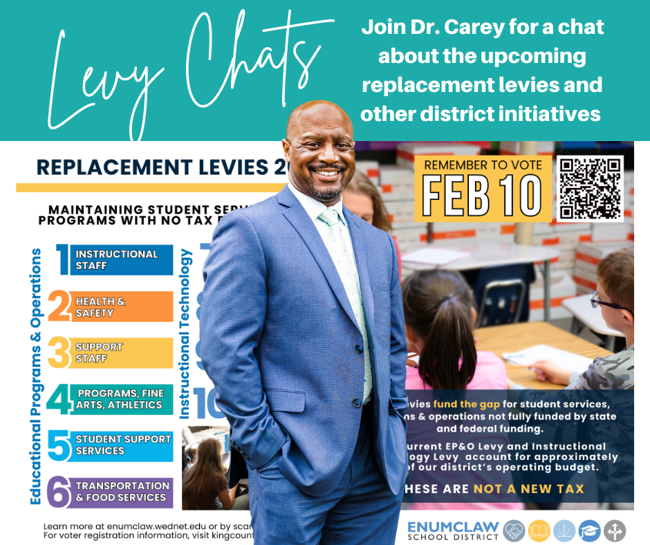 Levy Chats Join Dr. Carey for a chat about the upcoming replacement levies and other district initiatives, photo of dr carey standing in front of replacement levy poster