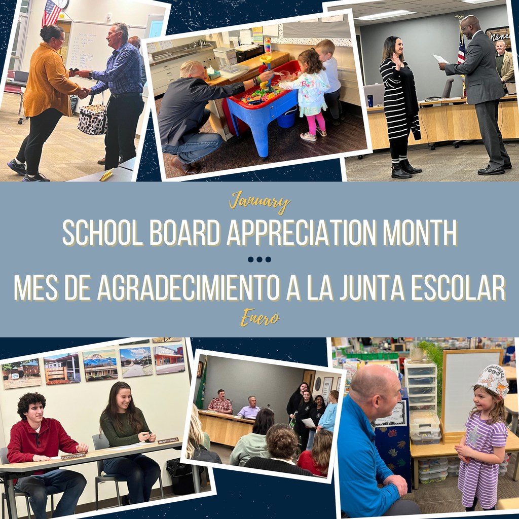 January School Board Appreciation Month graphic with six photos of school board directors interacting with students in classrooms, staff and community