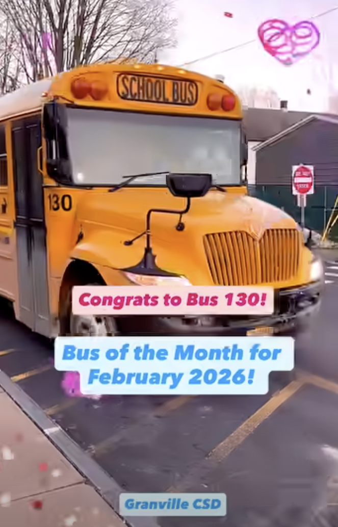 An image of a bus arriving at the Jr/Sr High with the words Congrats to Bus 130, Bus of the Month for February 2026!