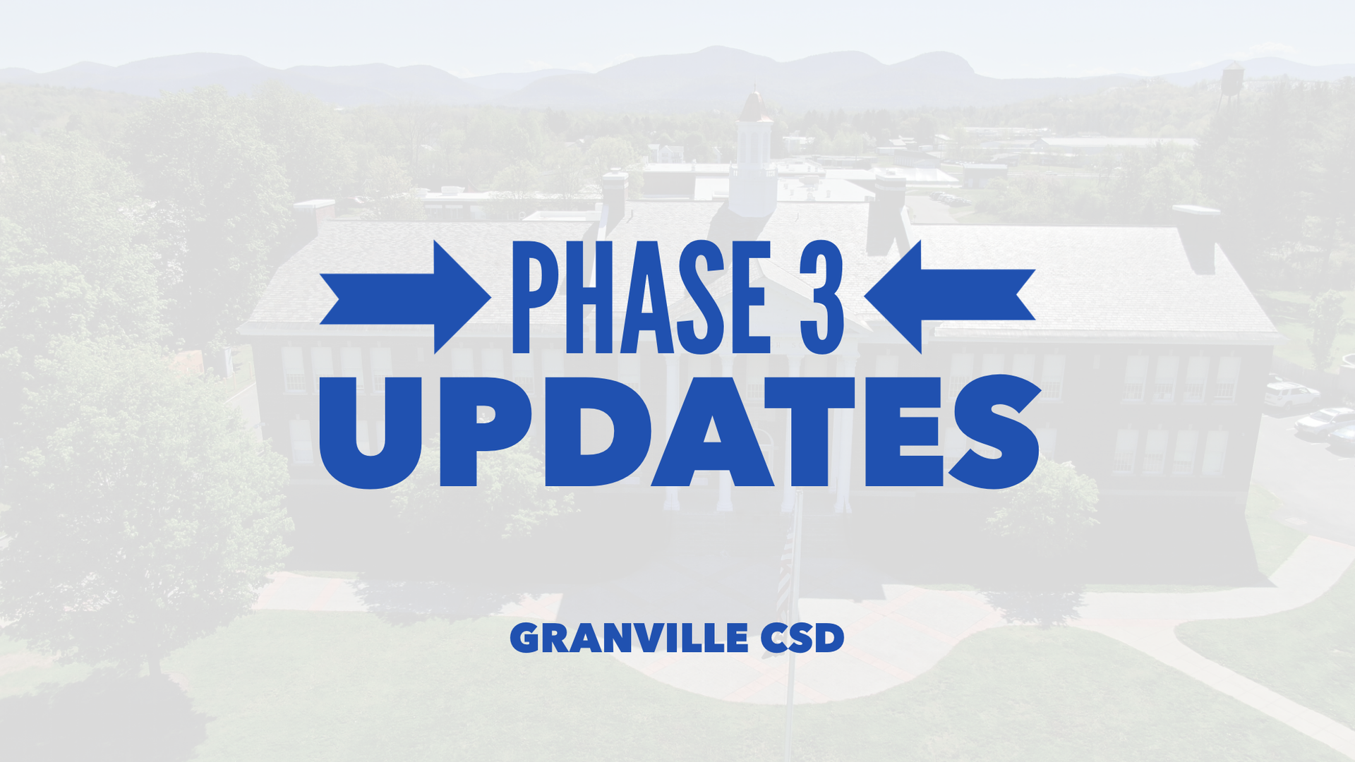 Blue font over blurred image of the front of the Jr/Sr High front lawn that reads Phase 3 Updates Granville CSD
