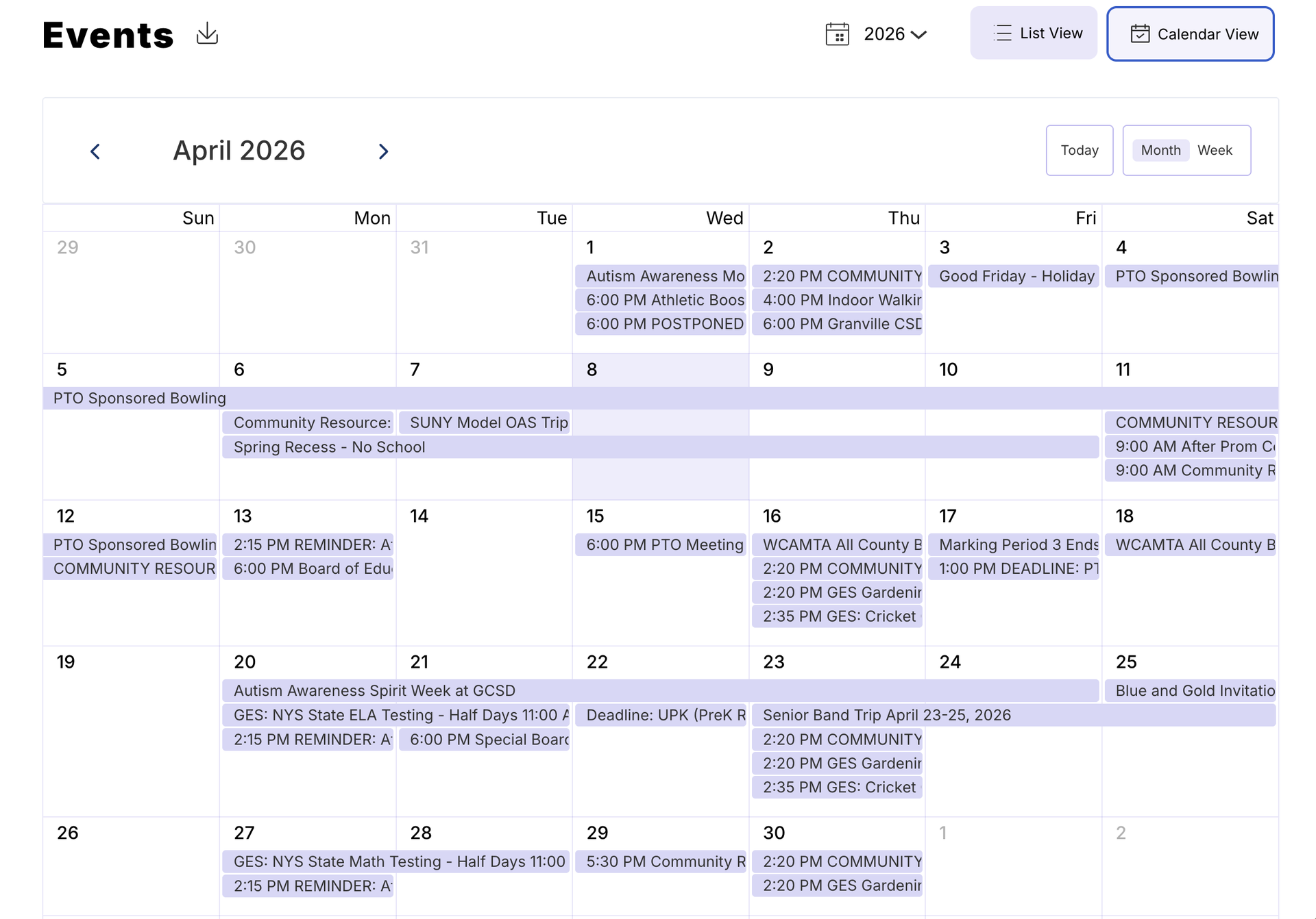 An image of a monthly view of upcoming April 2026 events on the GranvilleCSD.org/events webpage