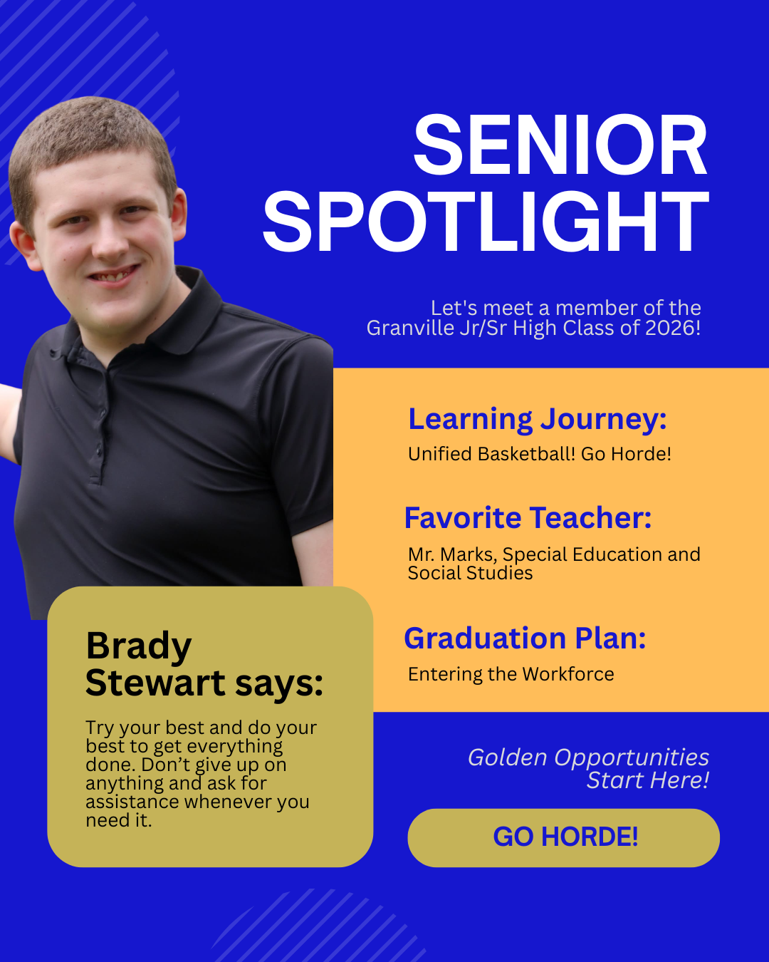 Isaac Strout, will be entering the workforce upon graduation, favorite teacher was Mrs. Kilby and quotes C.S. Lewis: We all want progress, but if you're on the wrong road, progress means doing an about-turn and walking back to the right road. 