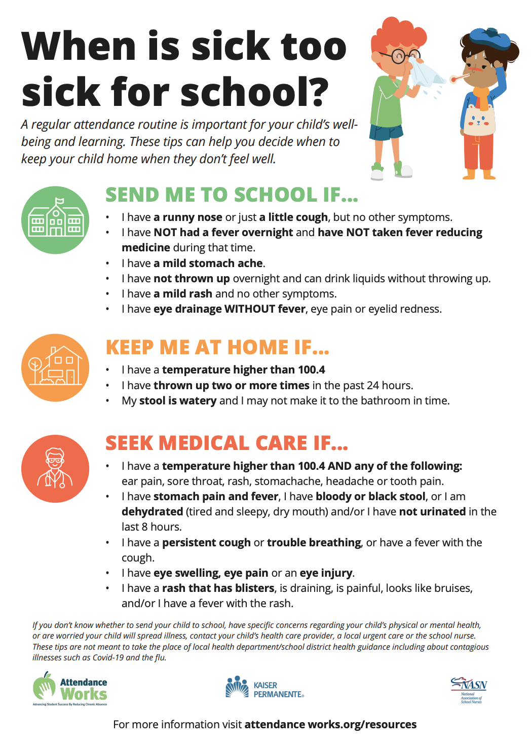 Here are tips for deciding when to send students to school or keep them home. Here is the link with all the tips: https://www.attendanceworks.org/wp-content/uploads/2019/06/Attendance-Works-When-Is-Sick-Too-Sick-092524.pdf