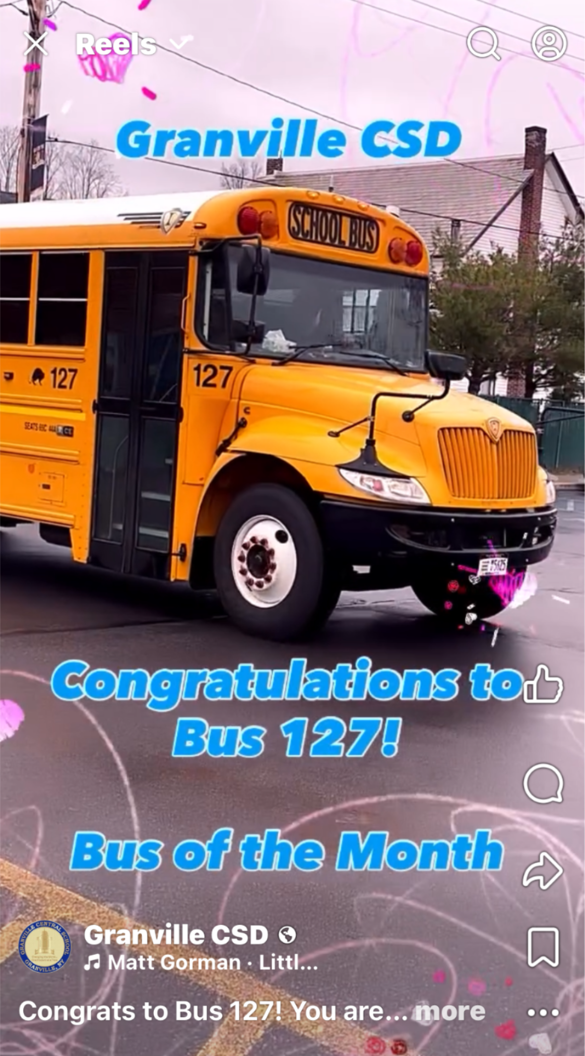 Picture of Bus 127 with the words Granville CSD - Congratulations to Bus 127, Bus of the Month