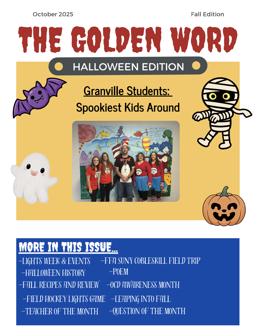 The front cover, in blue and gold, issue of the Golden Word, the Jr High Newspaper.