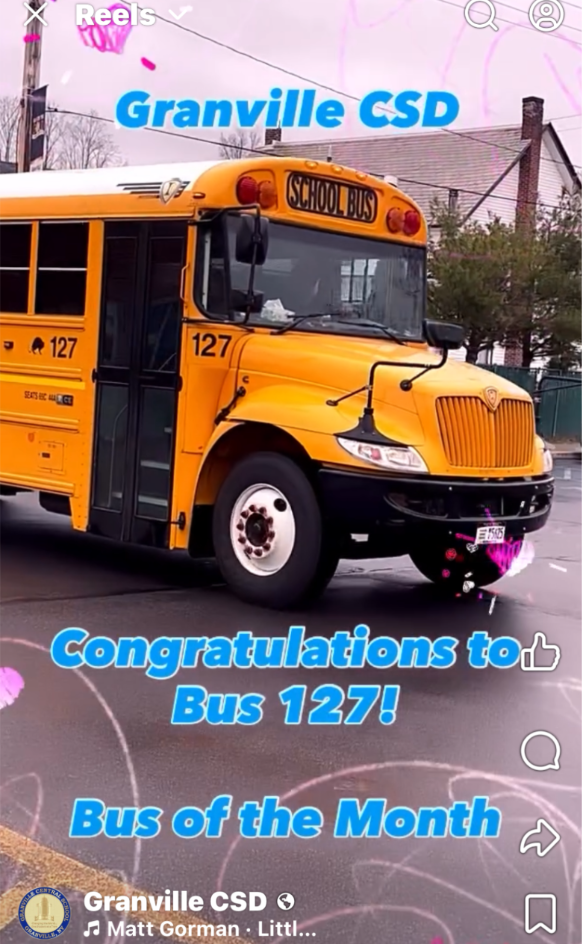 A picture of bus 127 with the words Granville CSD and Congratulations to Bus 127 - Bus of the Month!