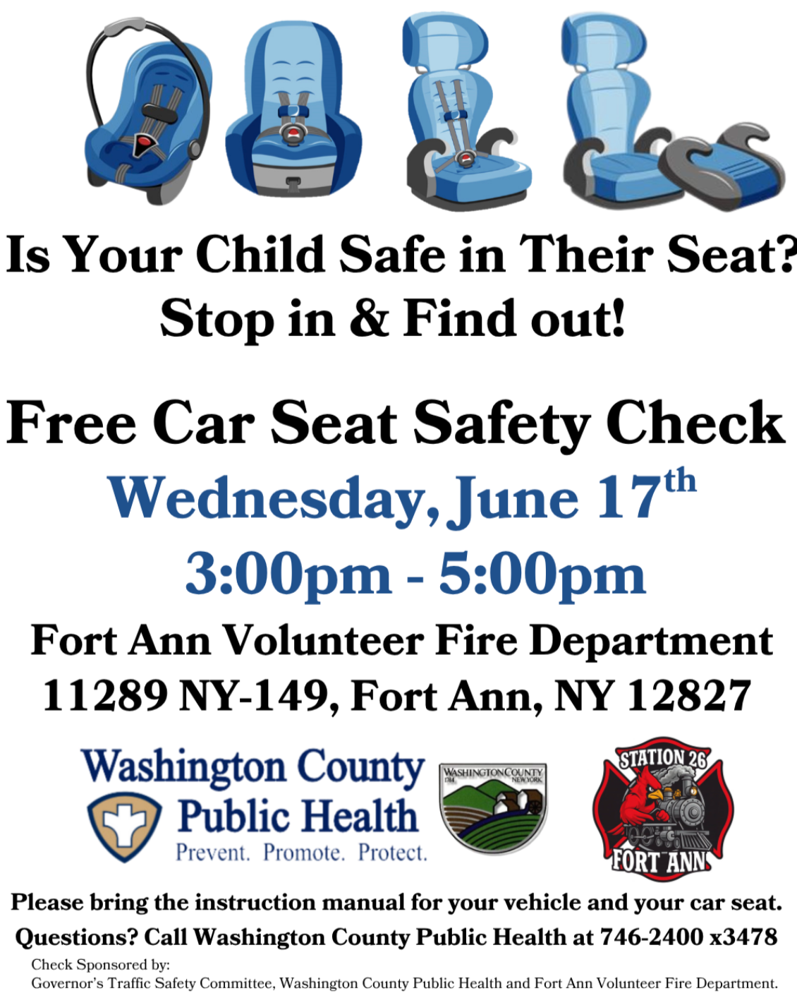 Image of flyer for Wed, June 17th Free Car Seat Safety Check at Fort Ann Volunteer Fire Dept, 3pm - 5pm 