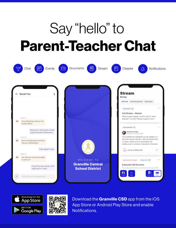 A flyer for Rooms in the Granville CSD App. 