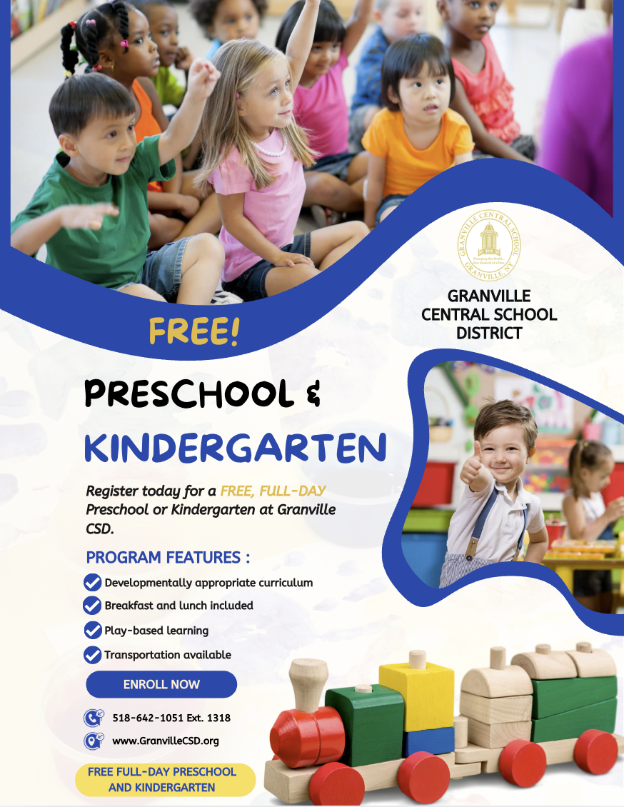 Image of the flyer for PreK and Kindergarten Enrollment. You can find all the details in this flyer and more at the following page:https://www.granvillecsd.org/article/2023834