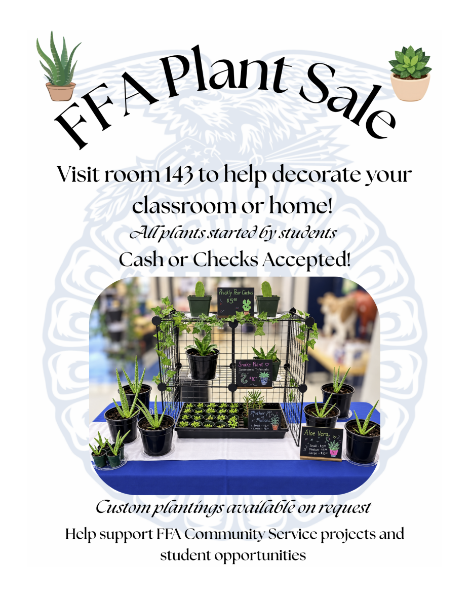 FFA Plant Sale Flyer: A picture of starter plants with the following copy: Purchase a plant from the FFA. All plants started by FFA students. Cash or checks accepted. Visit Ms. Cahan's room 143 for purchase. 