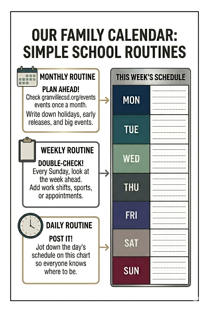 Our family calendar: simple school routines highlight monthly, weekly and daily routines. 
