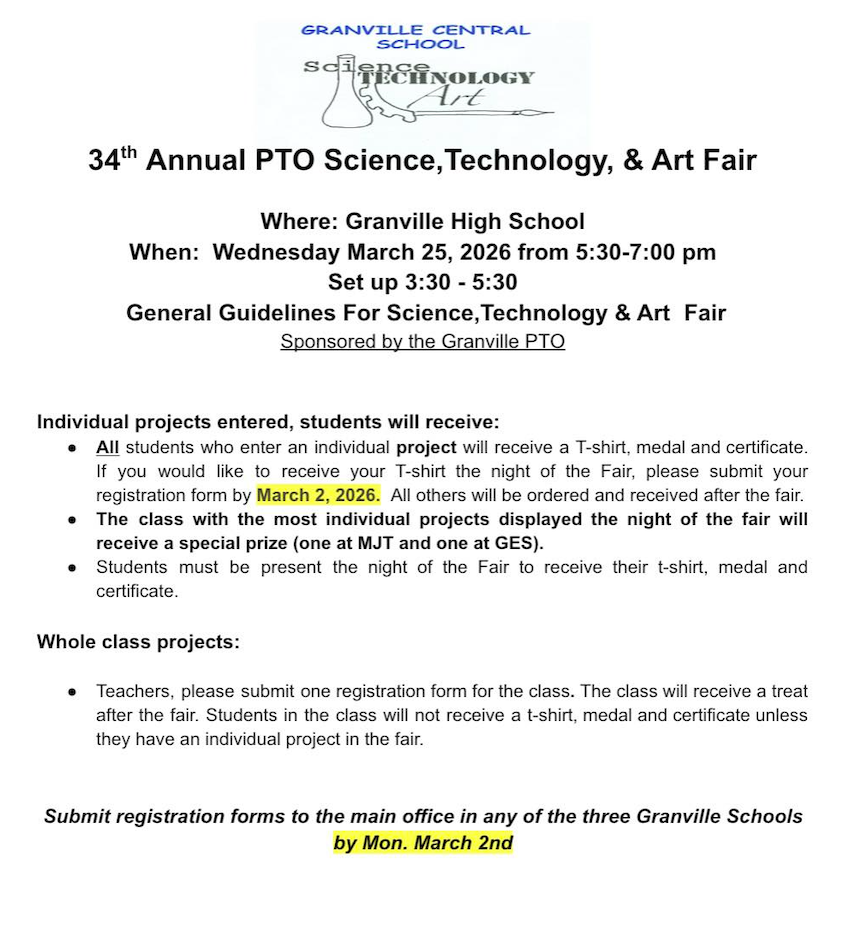 Please visit this link for all the details for registering for the PTO Science, Tech and Art Fair https://www.granvillecsd.org/events?id=52036918