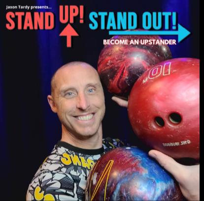 Jason Tardy image with bowling balls he juggled at his anti-bullying message performance this week. 