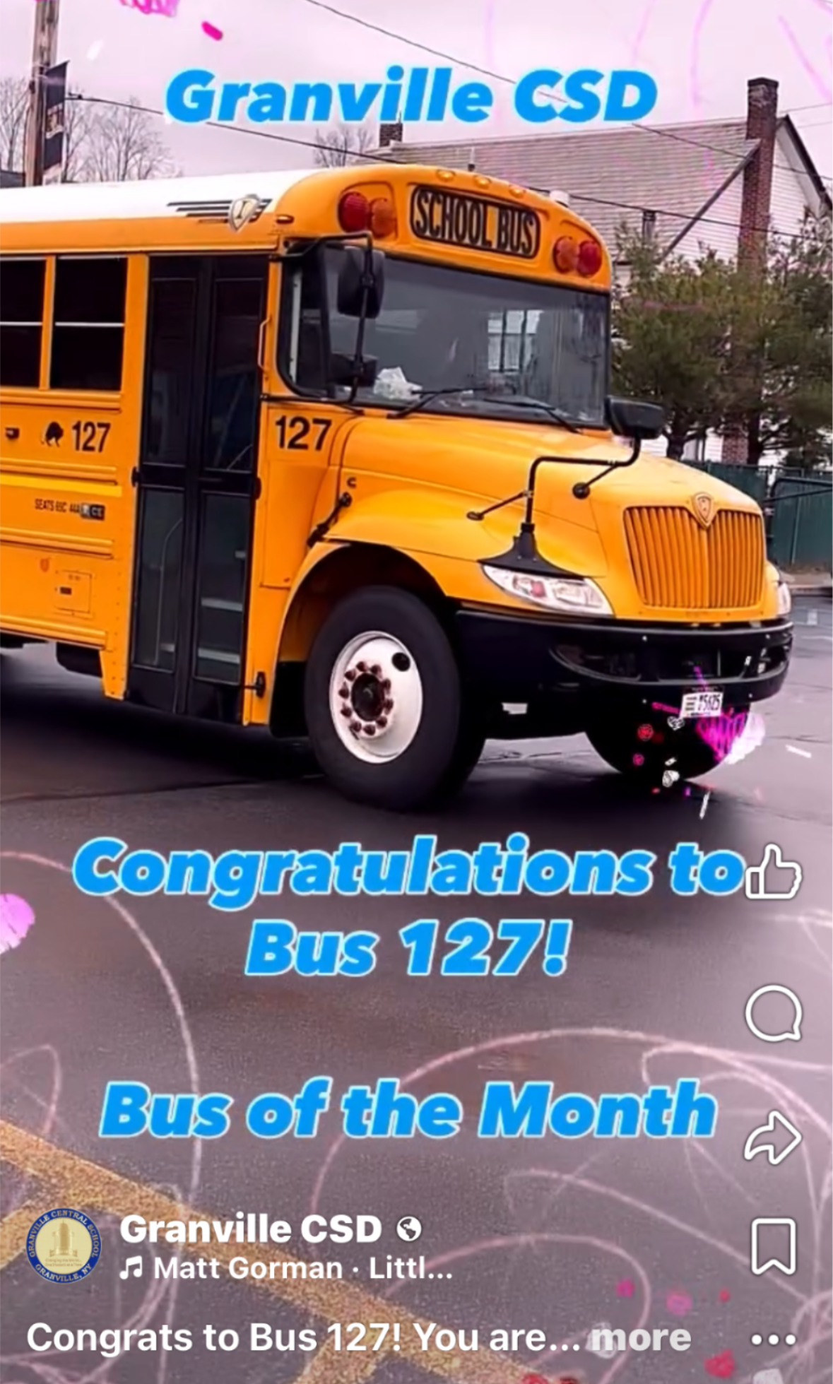 A picture of Bus 127 driving with the words Granville CSD Congratulations to Bus 127, Bus of the Month!