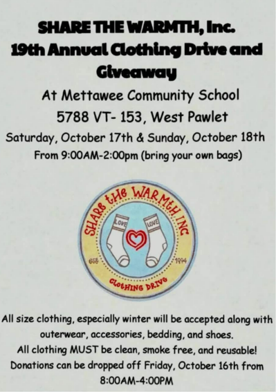 Flyer for Share the Warmth Drive - 8 am to 4 pm at Mettawee School in West Pawlet, VT. Bring your own bag, all clothing, especially winter related. 